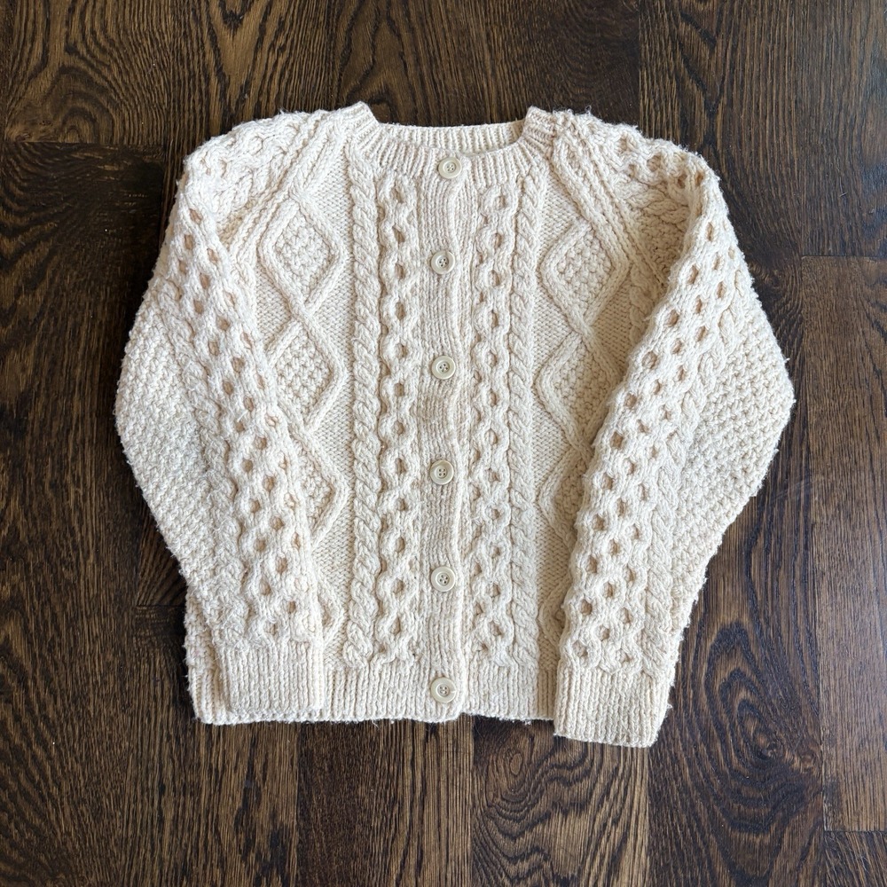 Vtg Hand Knit Kids Aran Sweater Cardigan Cream Cable Fisherman Wool 5-6 Year
